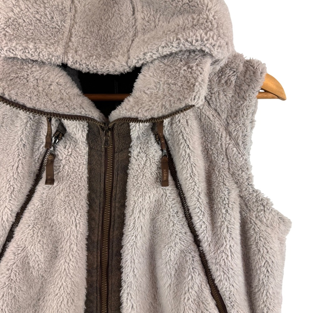 Kuhl Flight Vest Women XL Gray High Pile Fleece Full Zip Stowaway Hood 4 Pockets